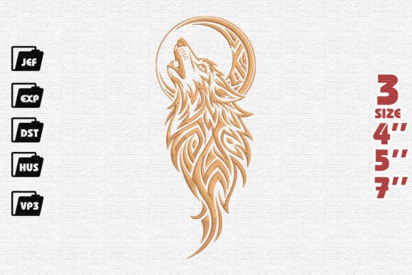 Ornate Golden Howling Wolf and Moon Embroidery